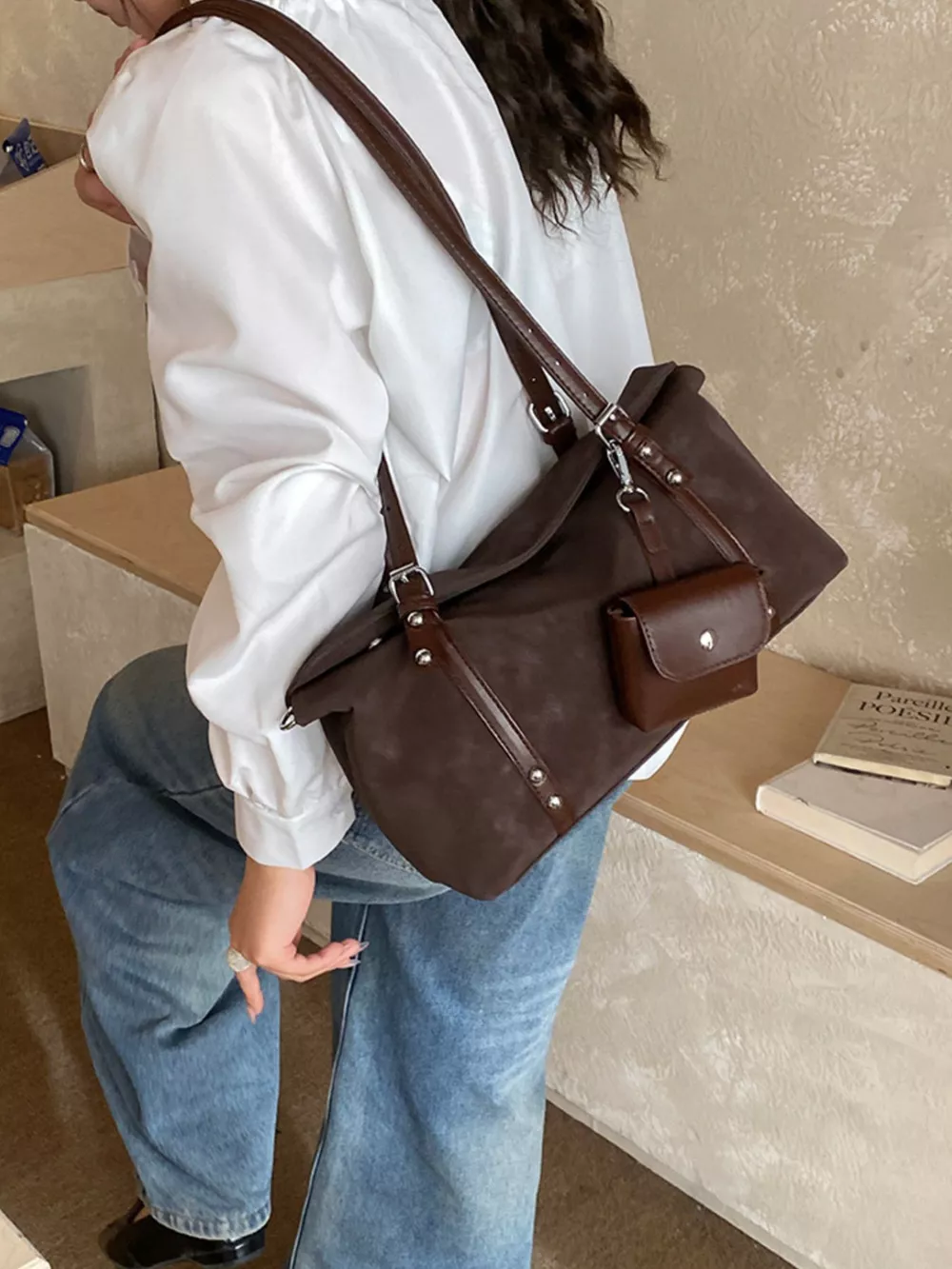 Leather Shoulder Bag with Detachable Pouch, image 5