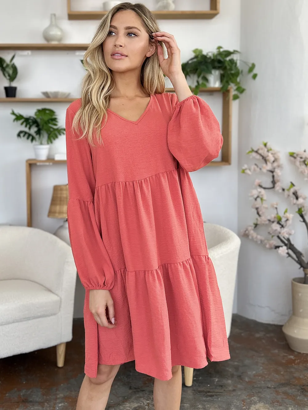 Full Size V-Neck Balloon Sleeve Tiered Dress with Pockets, image 9