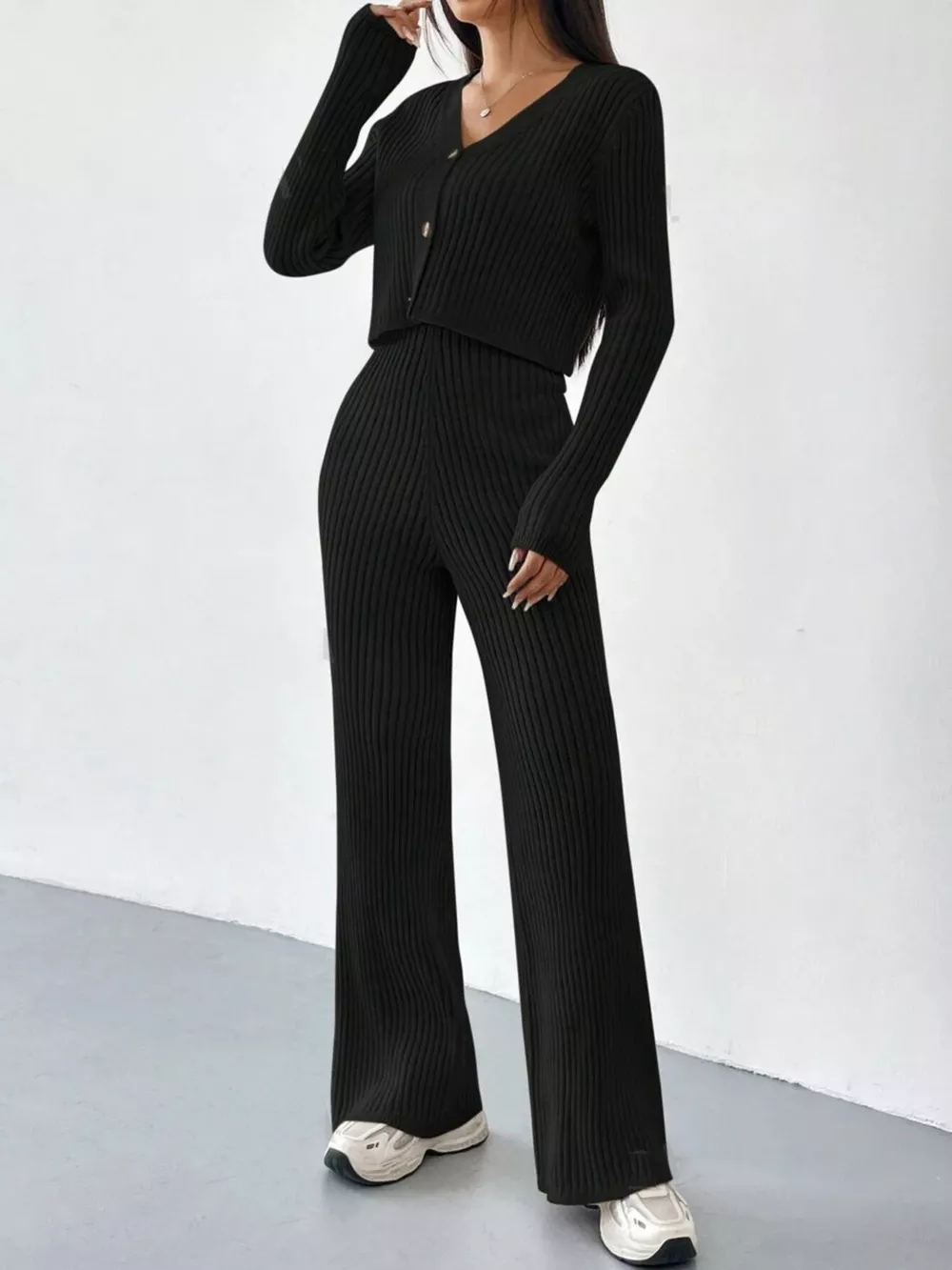 Ribbed Knit Button Up Top and Pants Set, image 10