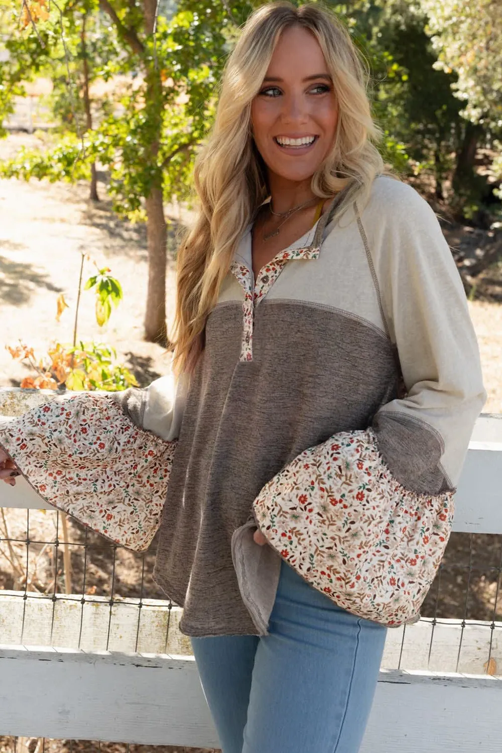 Floral Half Button Long Sleeve T-Shirt, image 2