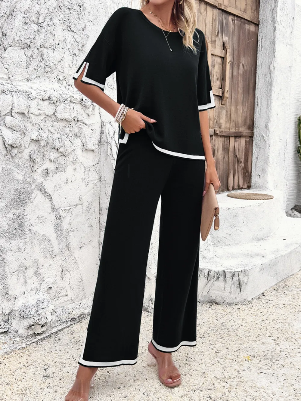 Contrast Trim Round Neck Top and Pants Set, image 11