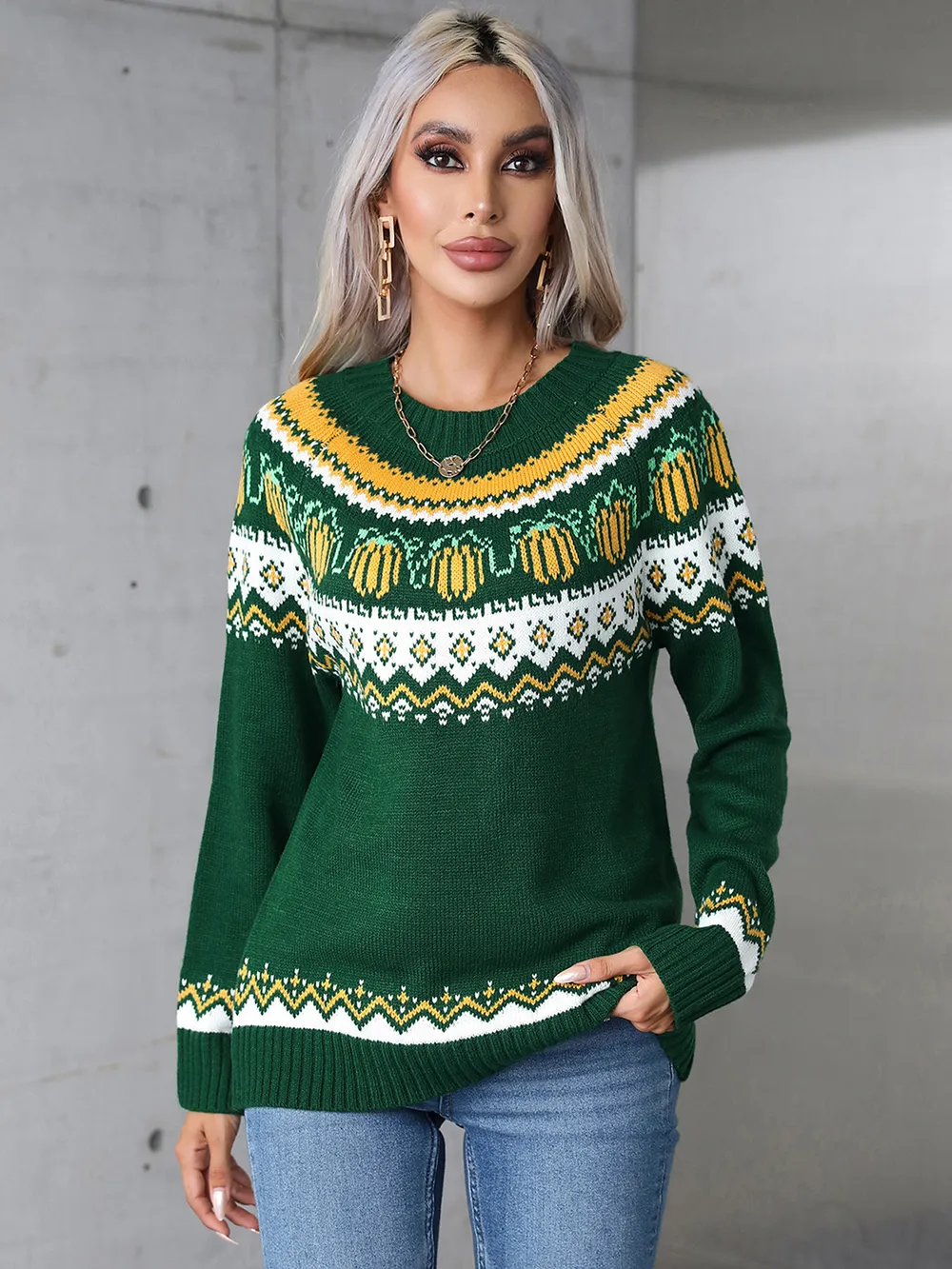 Geometric Round Neck Long Sleeve Sweater, image 7