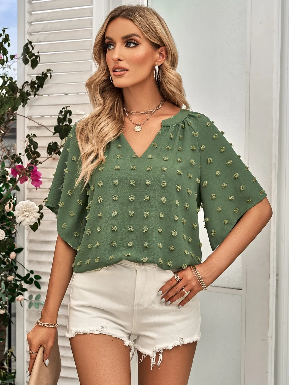 Swiss Dot Notched Half Se Blouse, image 5
