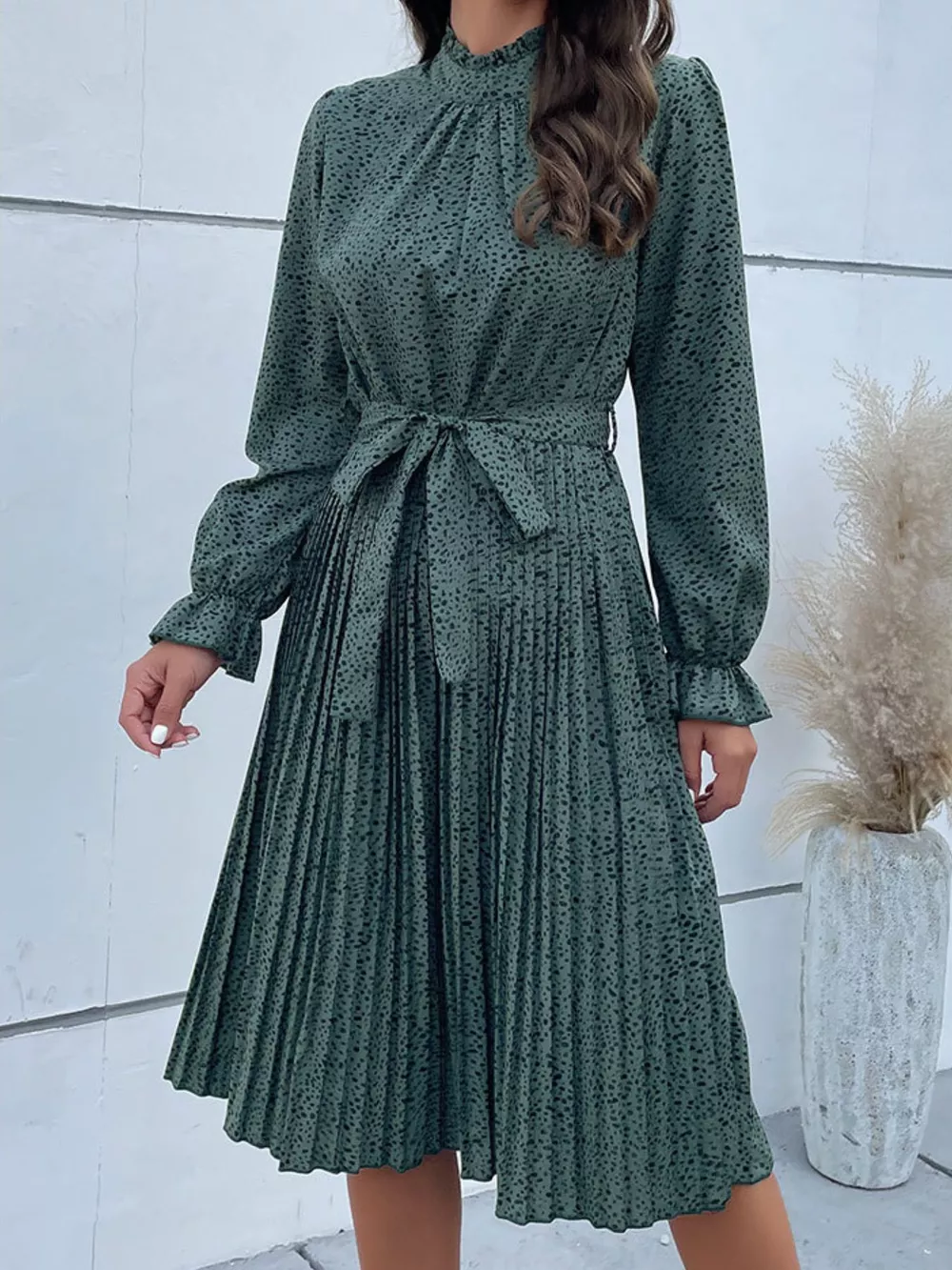Animal Print Mock Neck Flounce Sleeve Dress, image 9