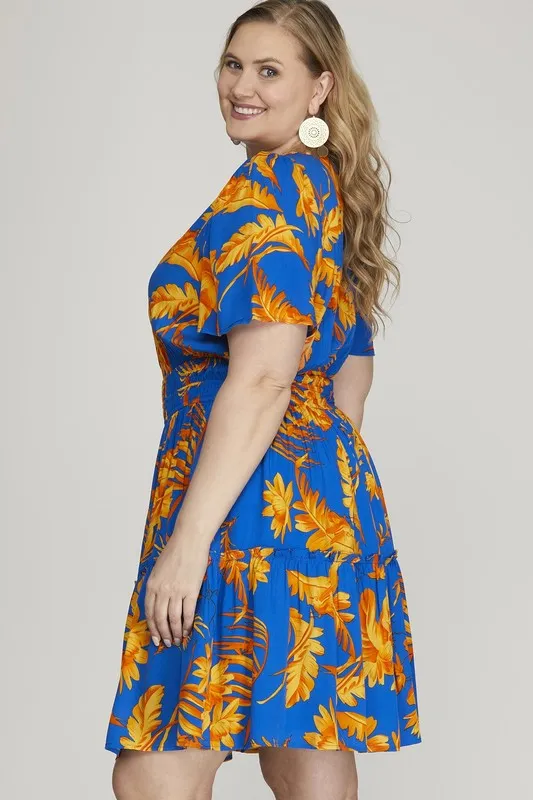 Full Size Printed Notched Short Sleeve Frill Tiered Dress Plus Size, image 3