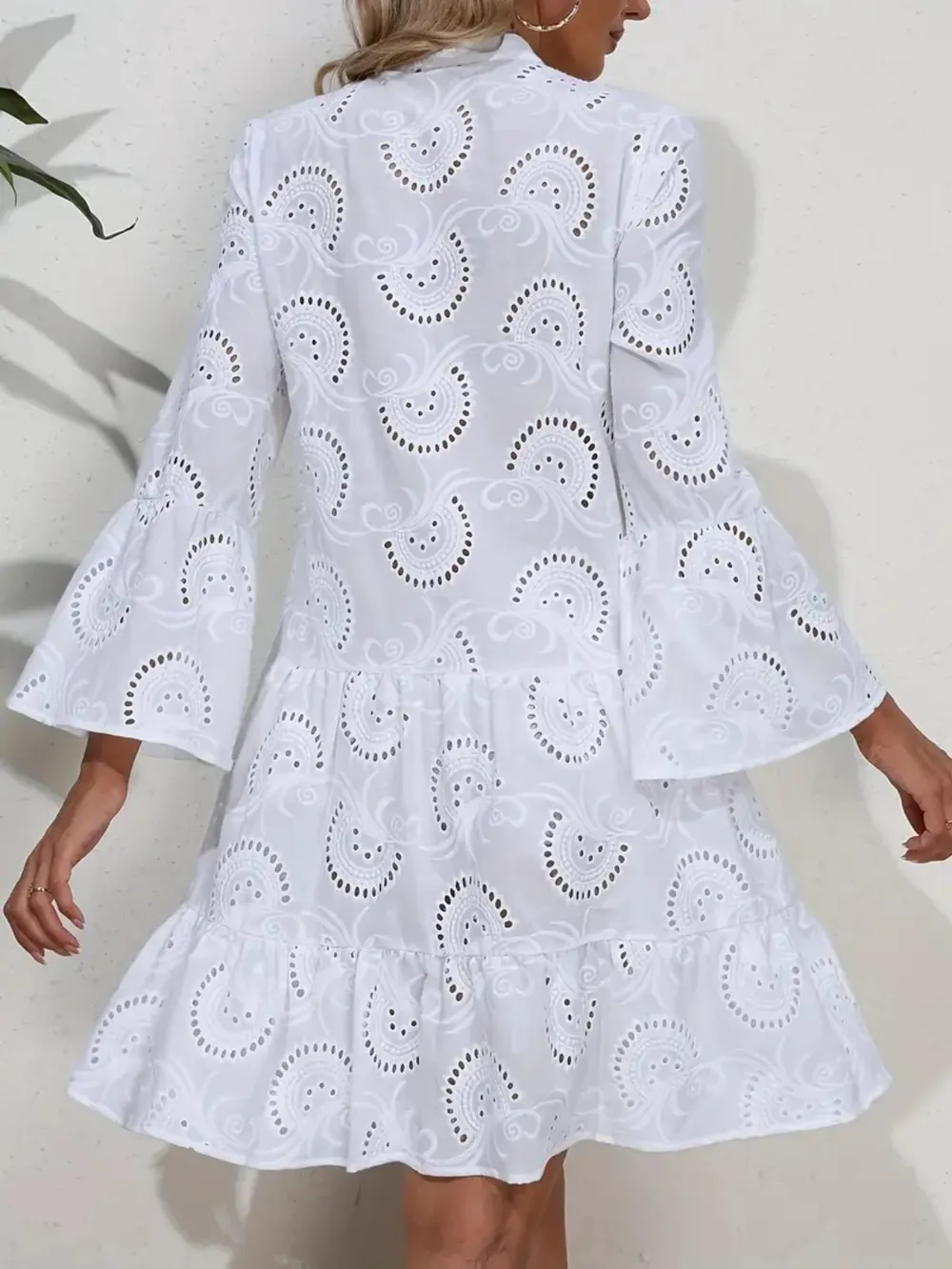 Ruffle Hem Eyelet Notched Long Sleeve Dress, image 2