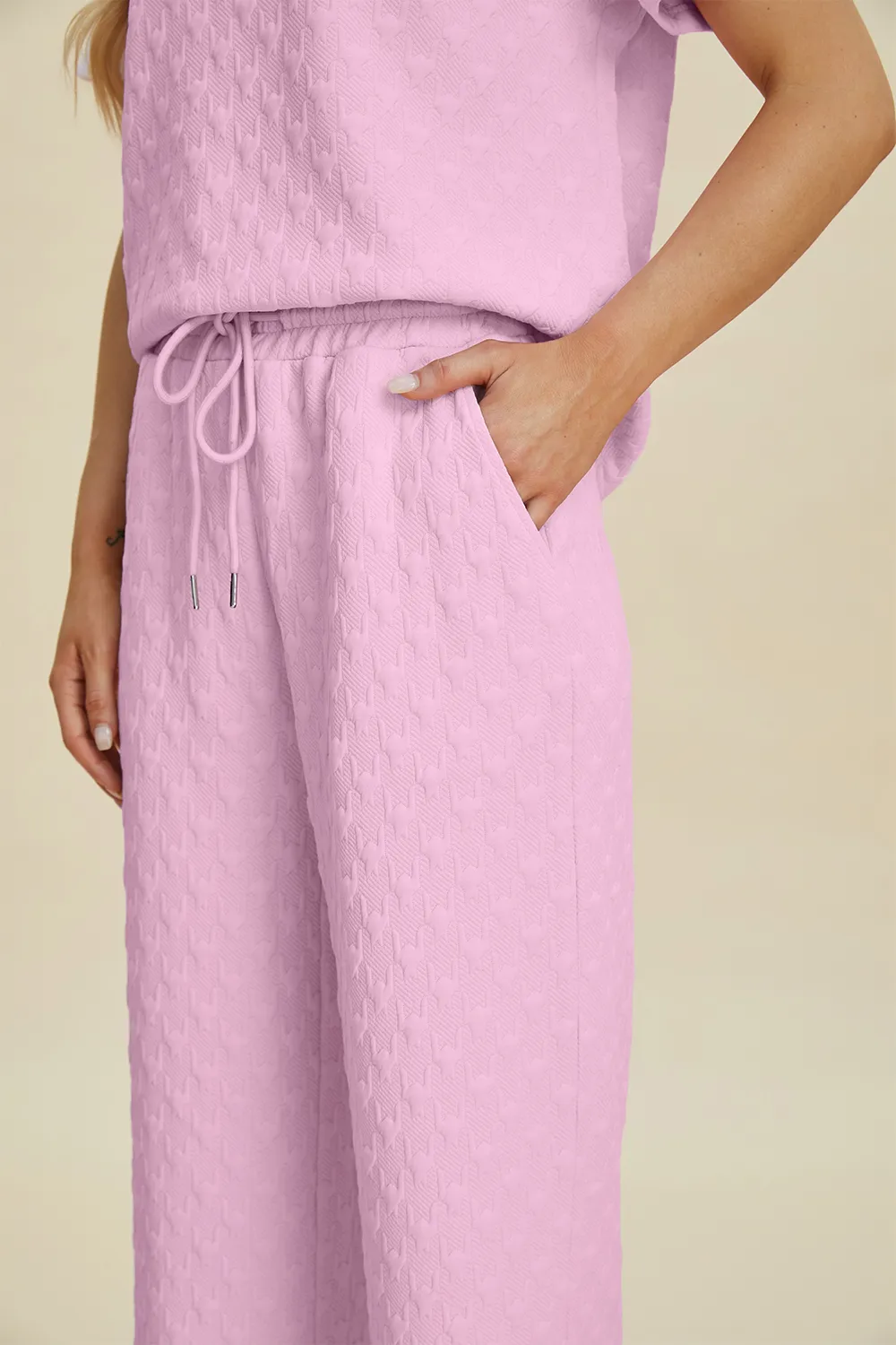 Full Size Texture Round Neck Short Sleeve Top and Pants Set, image 3