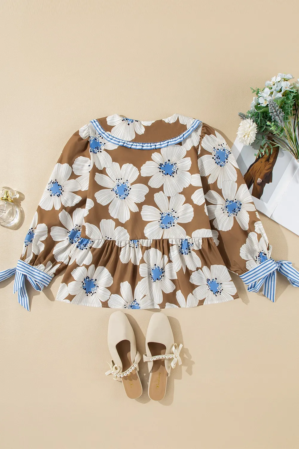 Floral Print Striped Tie Sleeve Blouse, image 4