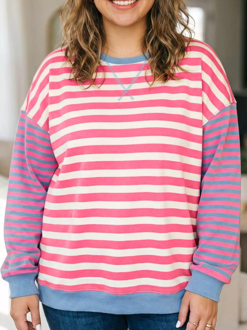 Plus Size Color Block Striped Crewneck Long Sleeve Shift Tunic Sweatshirt, image 2