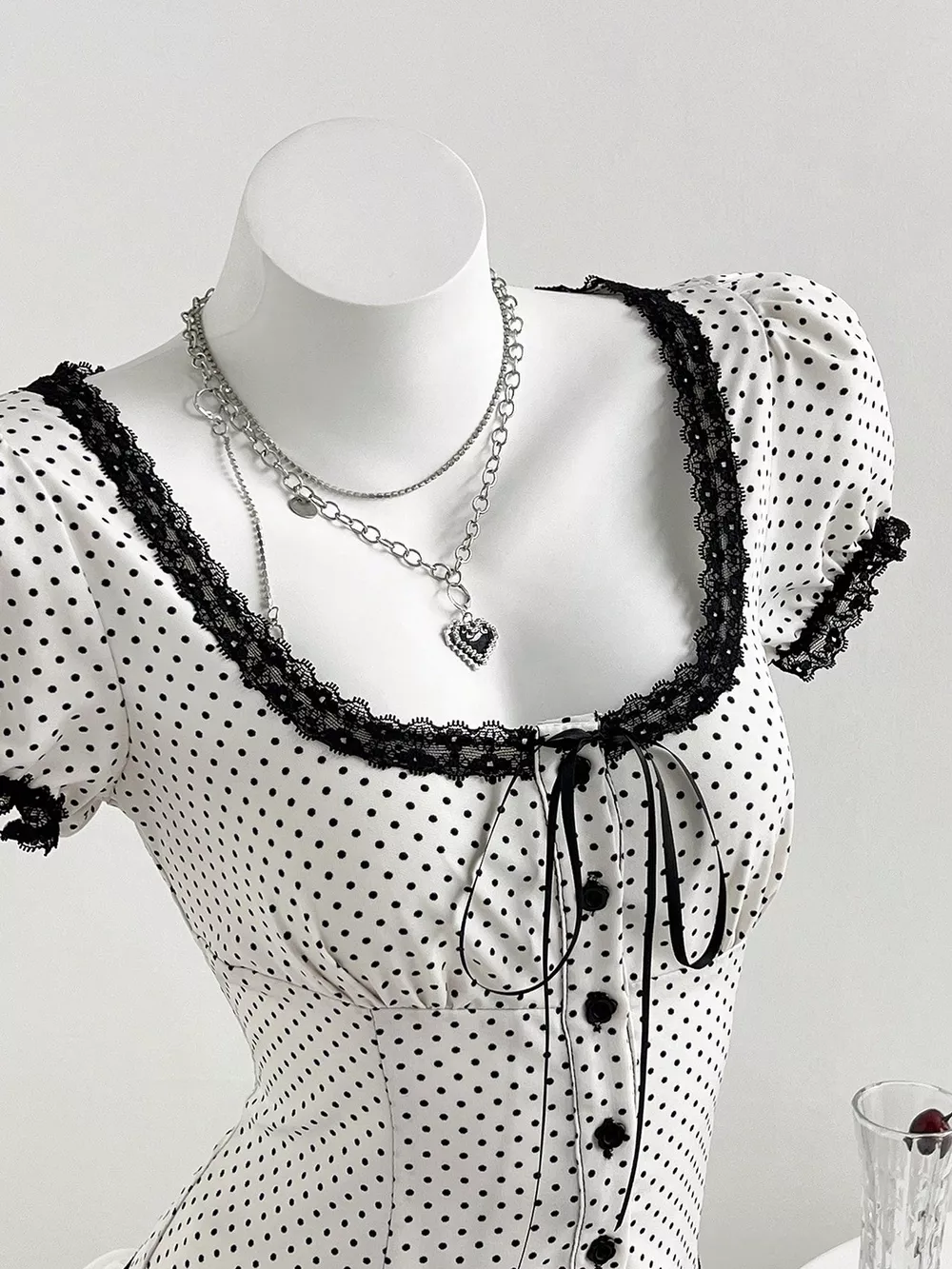 Polka Dot Lace Trim Puff Sleeve Top, image 2