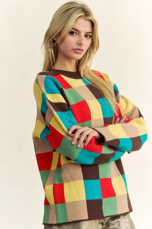 Color Block Checkered Dropped Shoulder Sweater, image 3