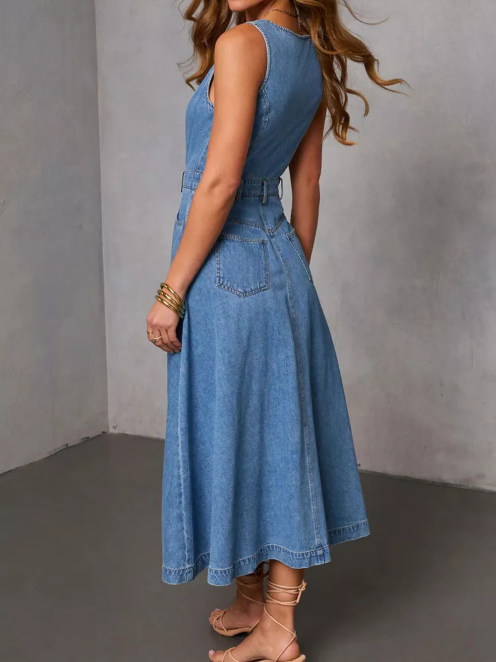 Sleeveless Button-Down Denim Midi Dress, image 2