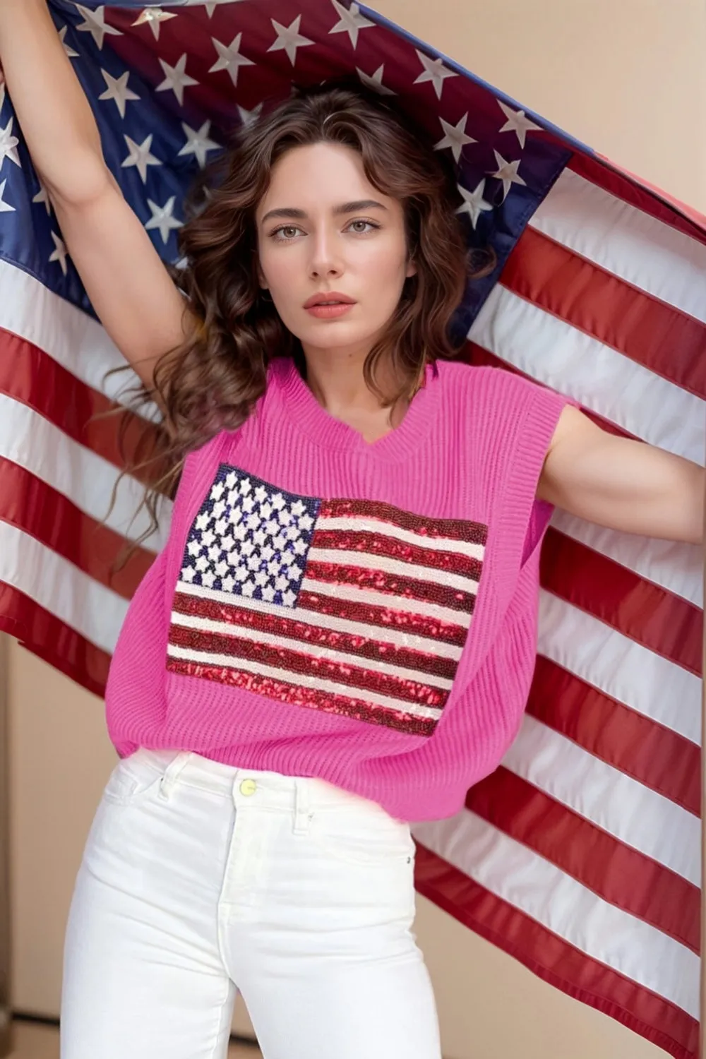 Sequin US Flag Round Neck Sweater Vest, image 2