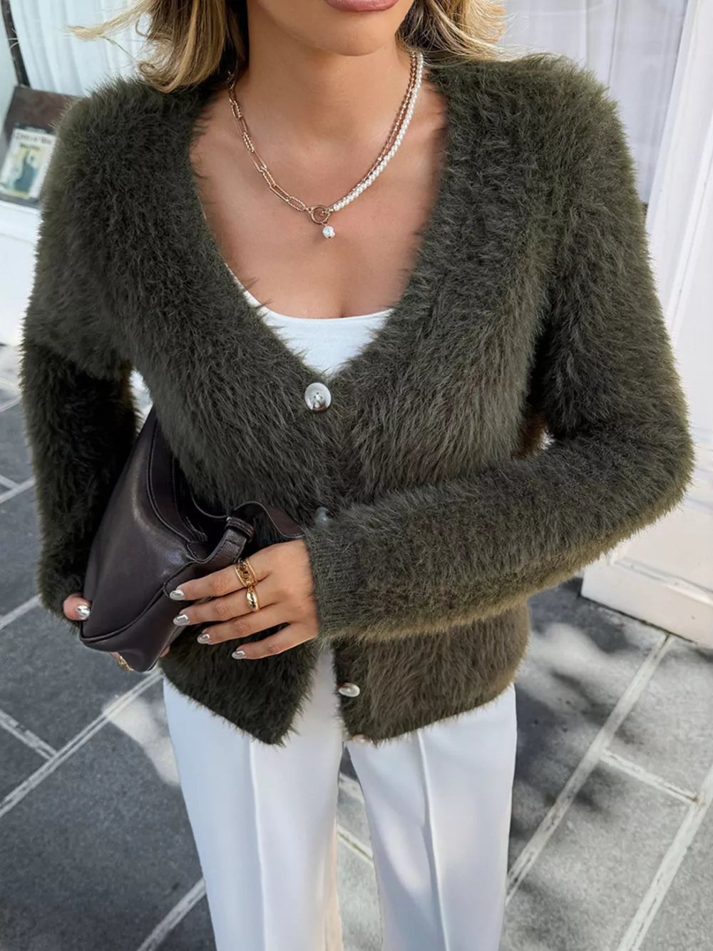 Fuzzy Knit Button-Up Cardigan, image 2