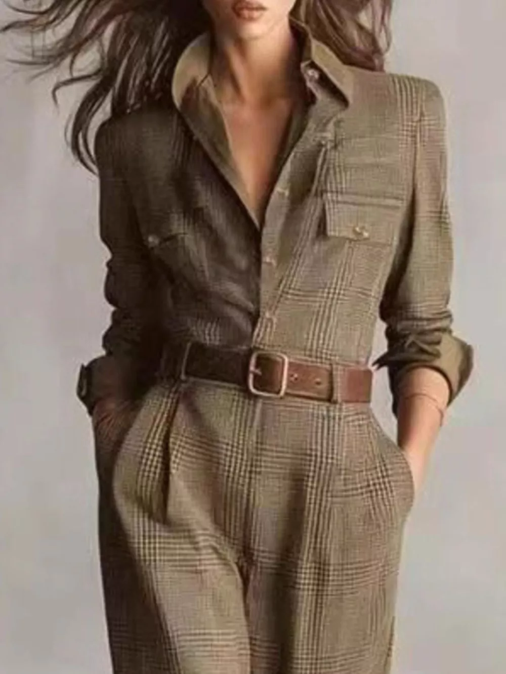 Plaid Long Sleeve Button Front Jumpsuit