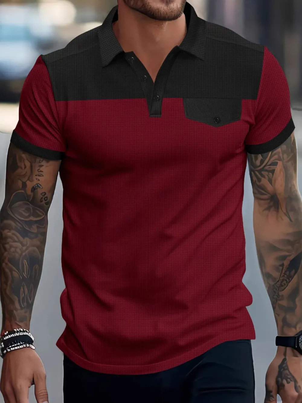 Men's Full Size Waffle-Knit Collared Contrast Polo Plus Size, image 2