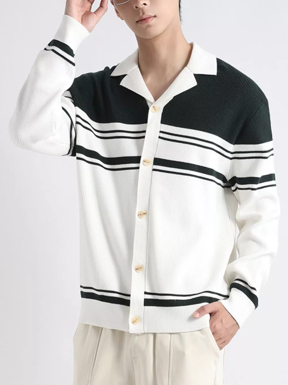 Men's Plus Size Contrast Striped Button-Down Cardigan, image 7