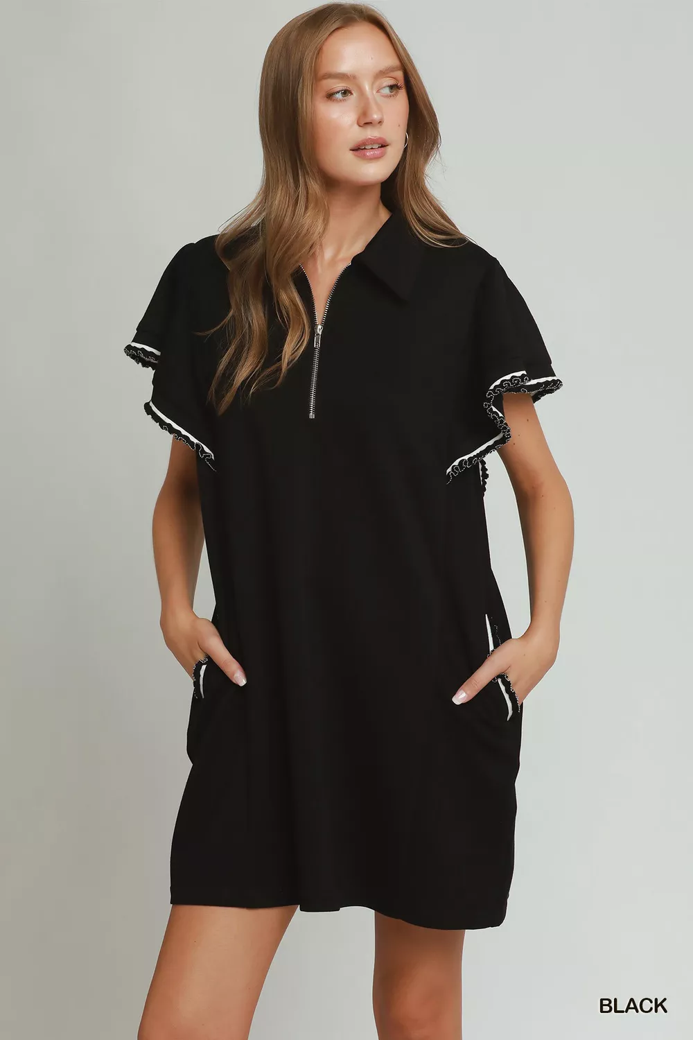 Half Zip Ruffle Rib Band Butterfy Sleeve Mini Dress with Pockets