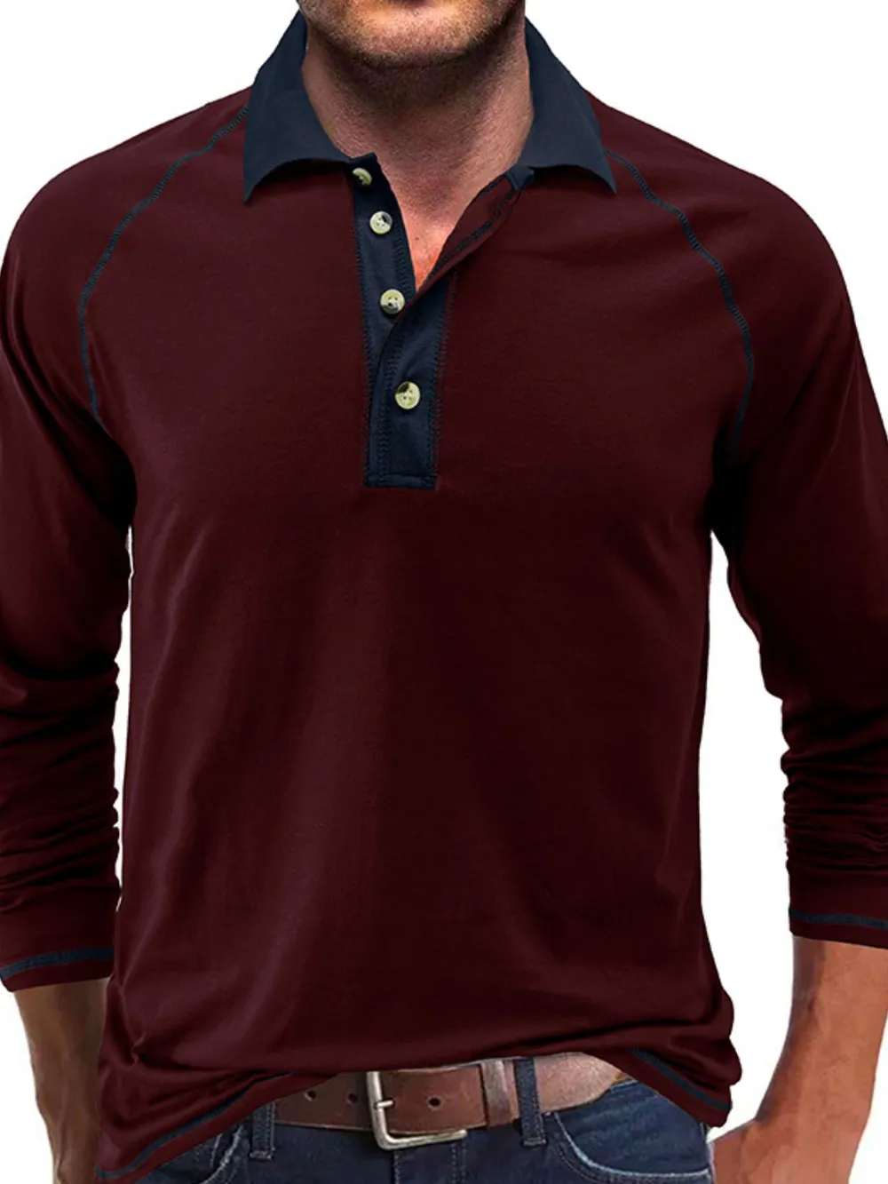Men's Contrast Collar Long Sleeve Polo Shirt, image 10