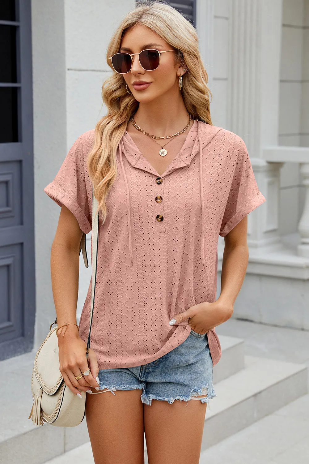 Eyelet Drawstring Hooded Short Sleeve Blouse, image 30