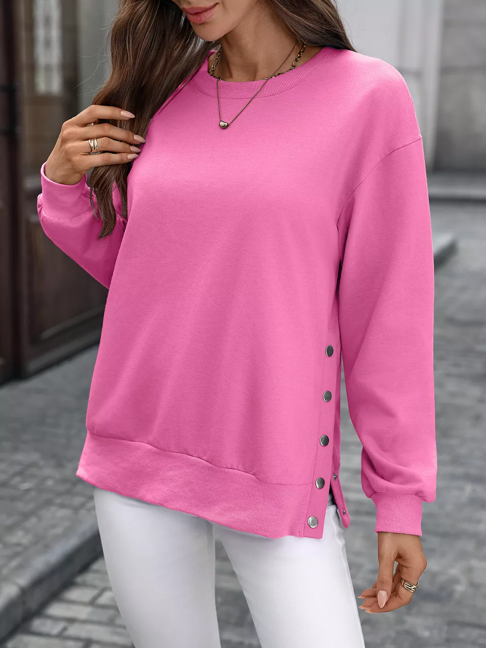 Side Snap Round Neck Sweatshirt, image 8