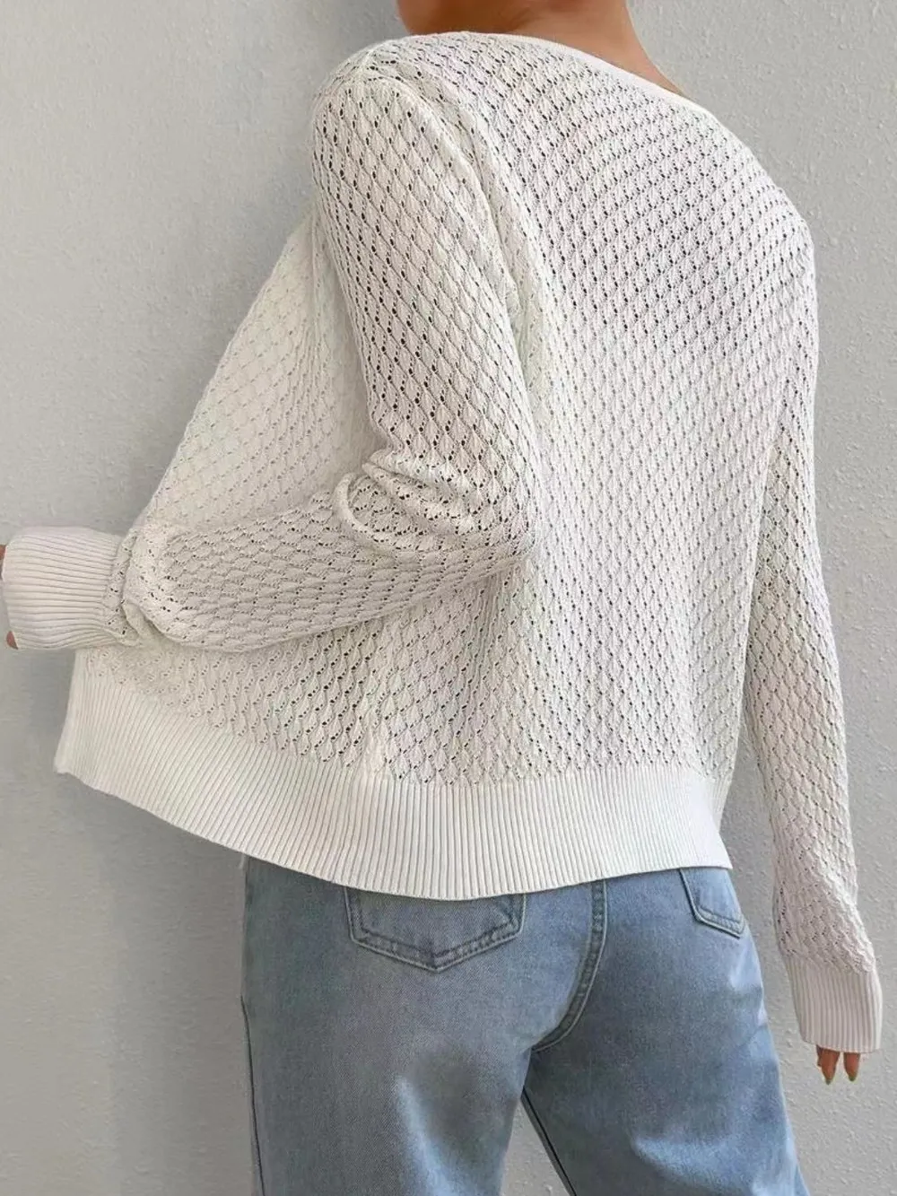 Tied Openwork V-Neck Long Sleeve Cardigan, image 2