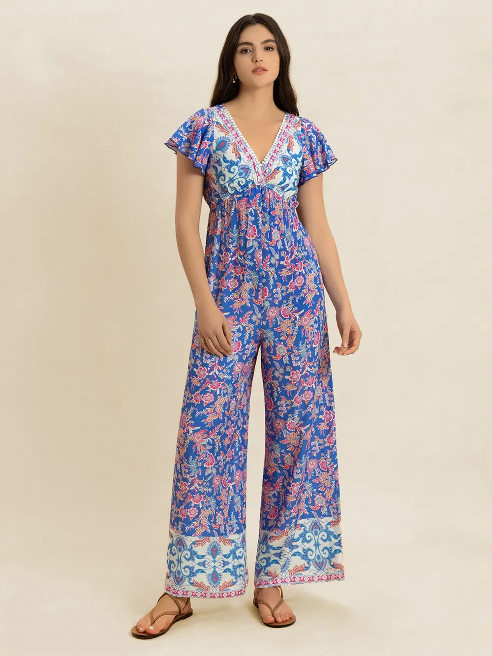 Printed V-Neck Wide Leg Jumpsuit, image 2