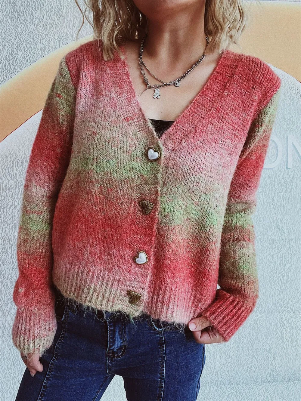 Gradient Heart Shape Button V-Neck Cardigan, image 2