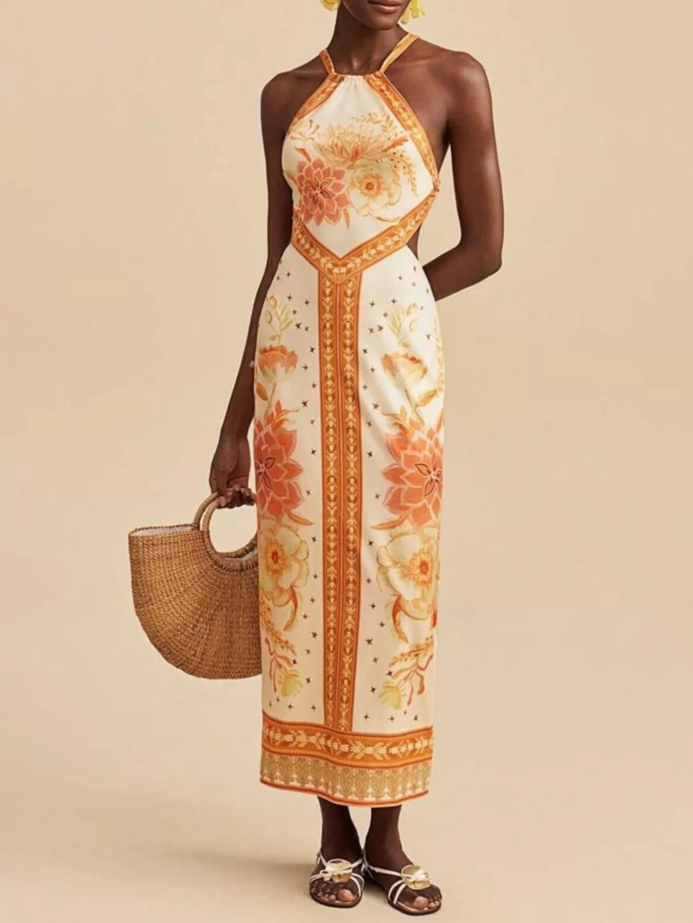 Floral Print Halter Neck Maxi Dress