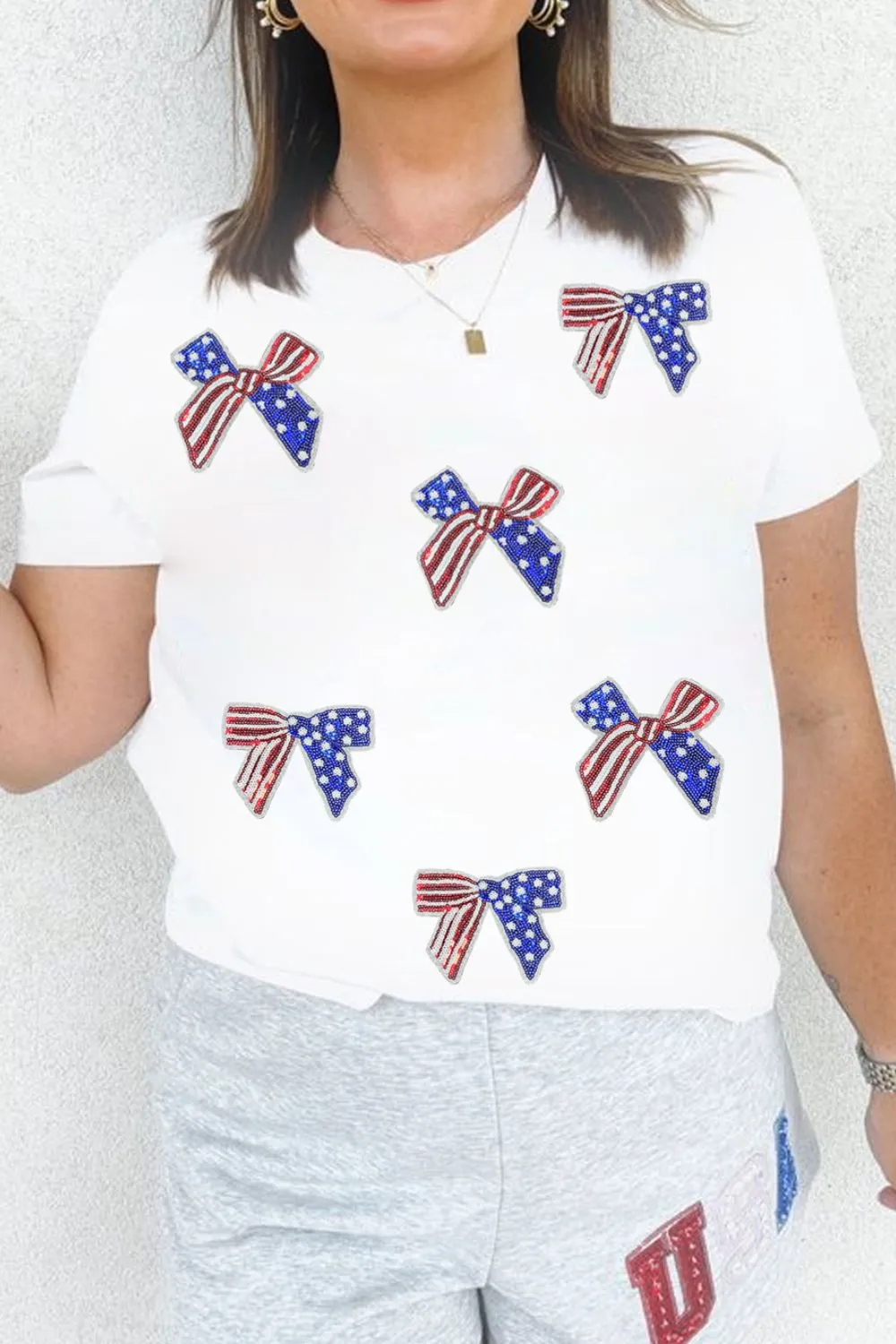 Sequin Flag Bow Pattern Crew Neck Patriotic Tee, image 3