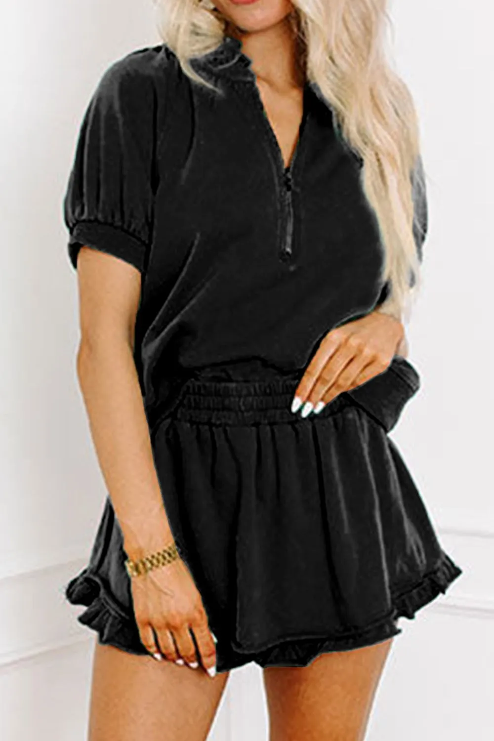 Frill Zip Front Puff Sleeve Top and Skort Set, image 5