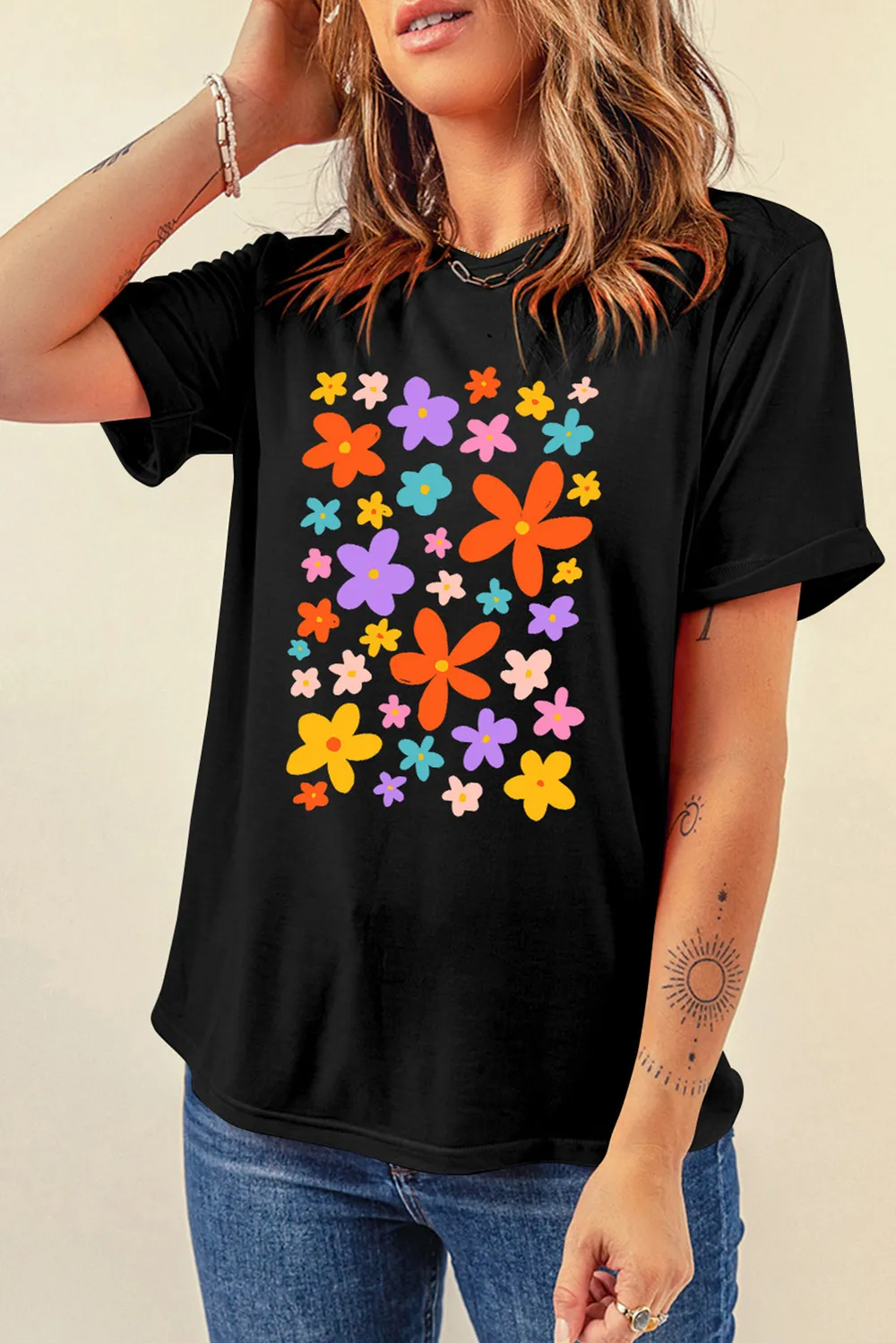 Flower Graphic Round Neck Short Sleeve T-Shirt, image 3
