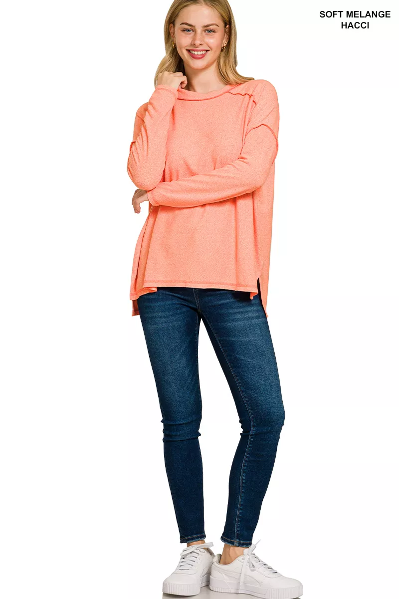 Full Size Melange Hacci Exposed Seam Hi-low Tee Plus Size, image 2