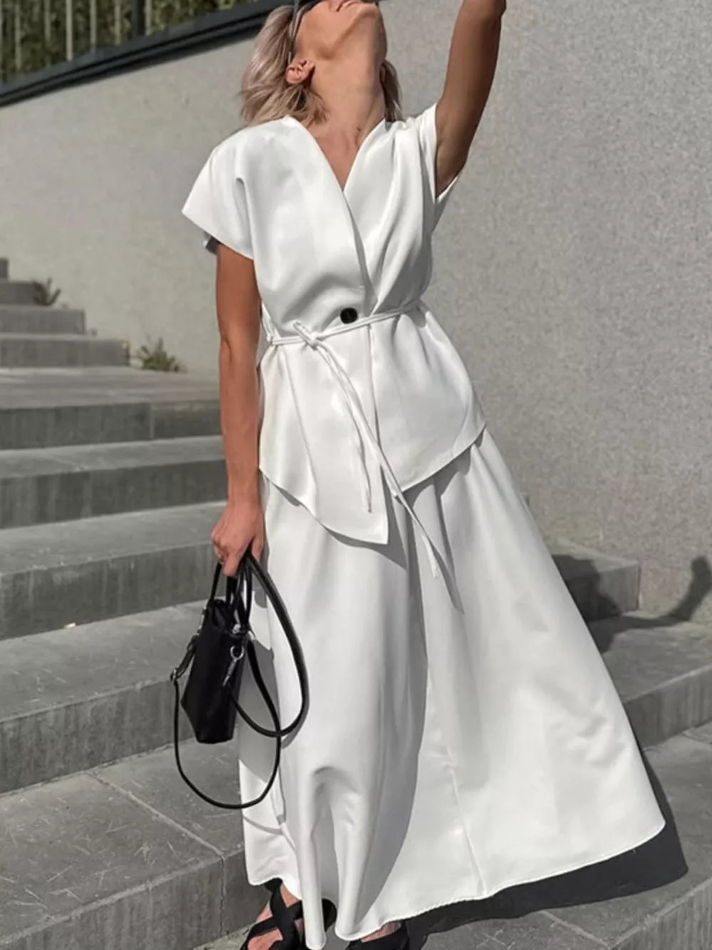 One Button Short Sleeve Top and Skirt Set