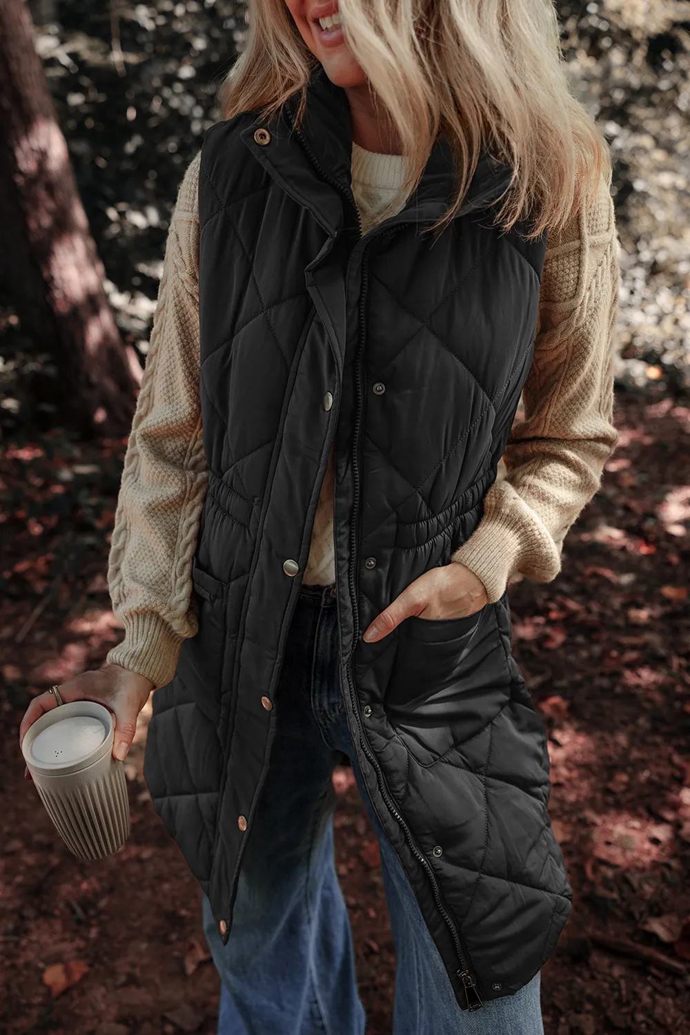 Pocketed Zipper and Button Vest Coat, image 4