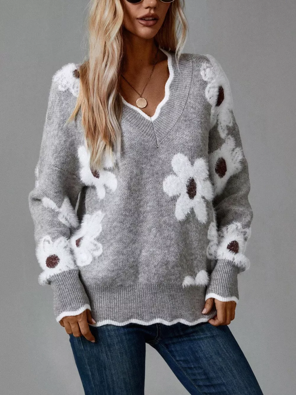 Floral V-Neck Long Sleeve Sweater, image 3