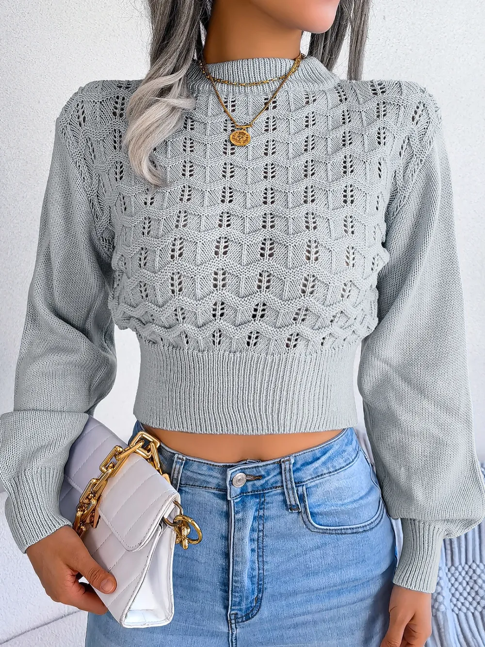 Openwork Mock Neck Long Sleeve Cropped Sweater, image 10