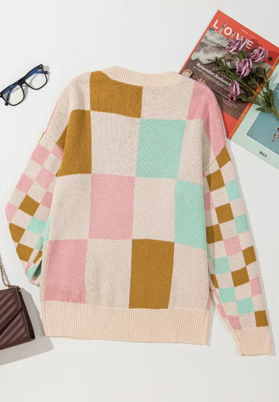 Checkered Round Neck Drop Shoulder Sweater, image 12