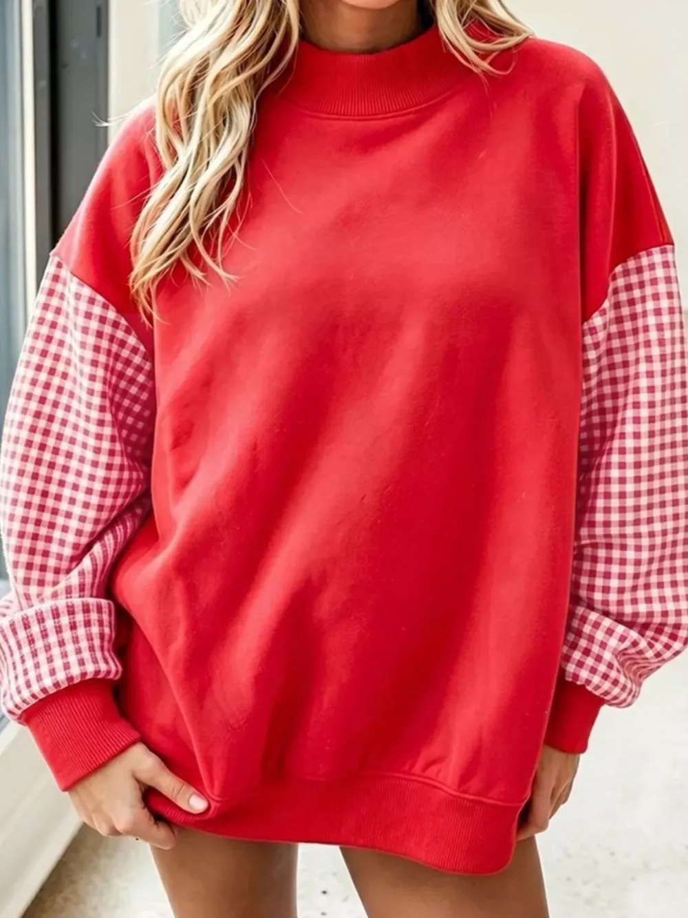 Gingham Sleeves Round Neck Sweatshirt, image 6