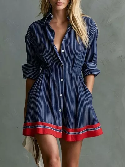 Striped Button-Down Shirt Dress with Contrast Hem (no longer available)