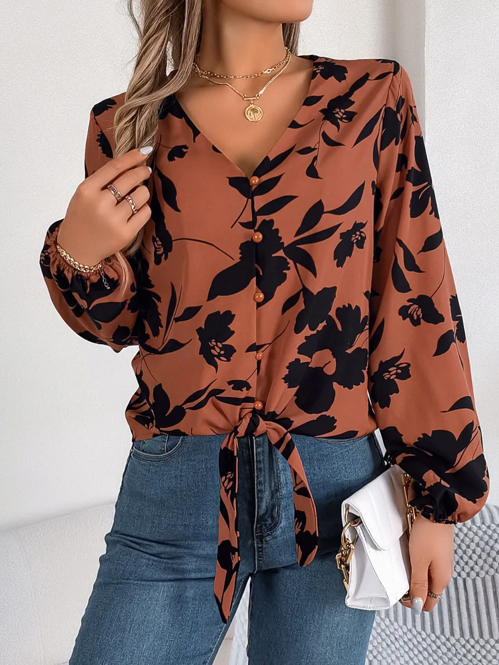 Printed V-Neck Long Sleeve Blouse, image 11