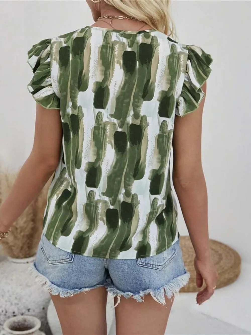 Ruffled Printed V-Neck Cap Sleeve Blouse, image 2