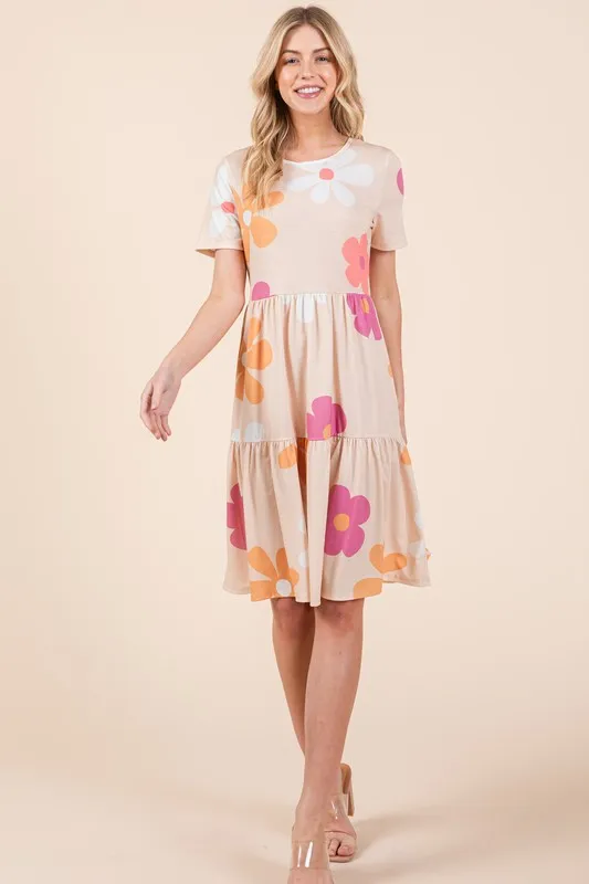 Floral Round Neck Short Sleeve Tiered Dress, image 4