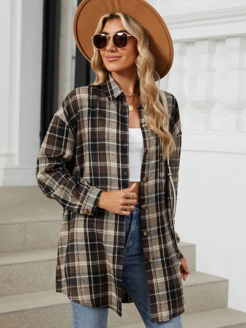 Plaid Collared Neck Long Sleeve Shirt, image 10