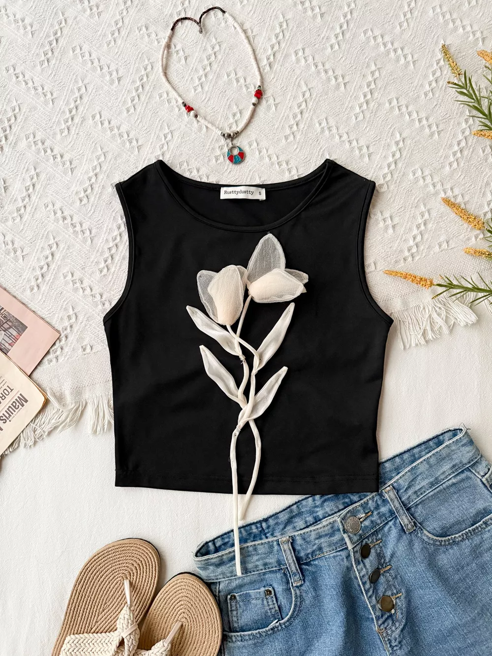 Floral Applique Round Neck Tank Top, image 2