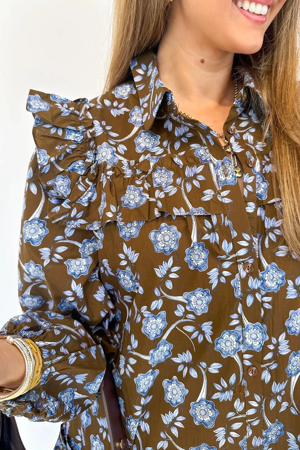 Floral Print Ruffled Detail Shirt Collar Button Down Long Sleeve Dress, image 5