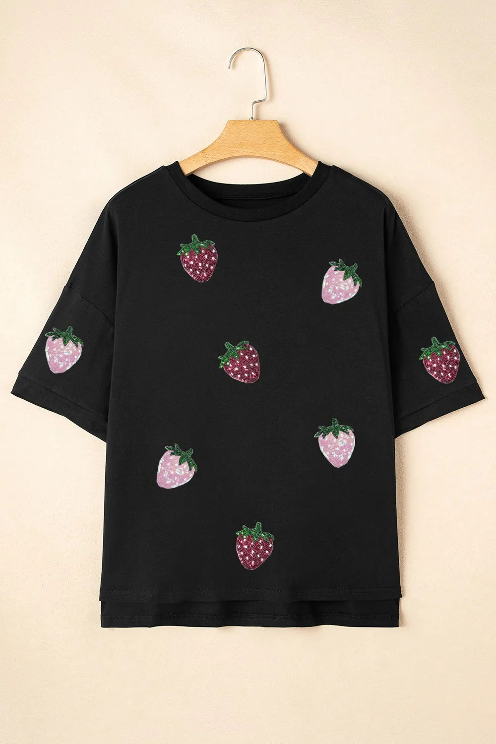 Sequin Strawberry High Low Half Sleeve Relaxed Fit T-Shirt, image 3
