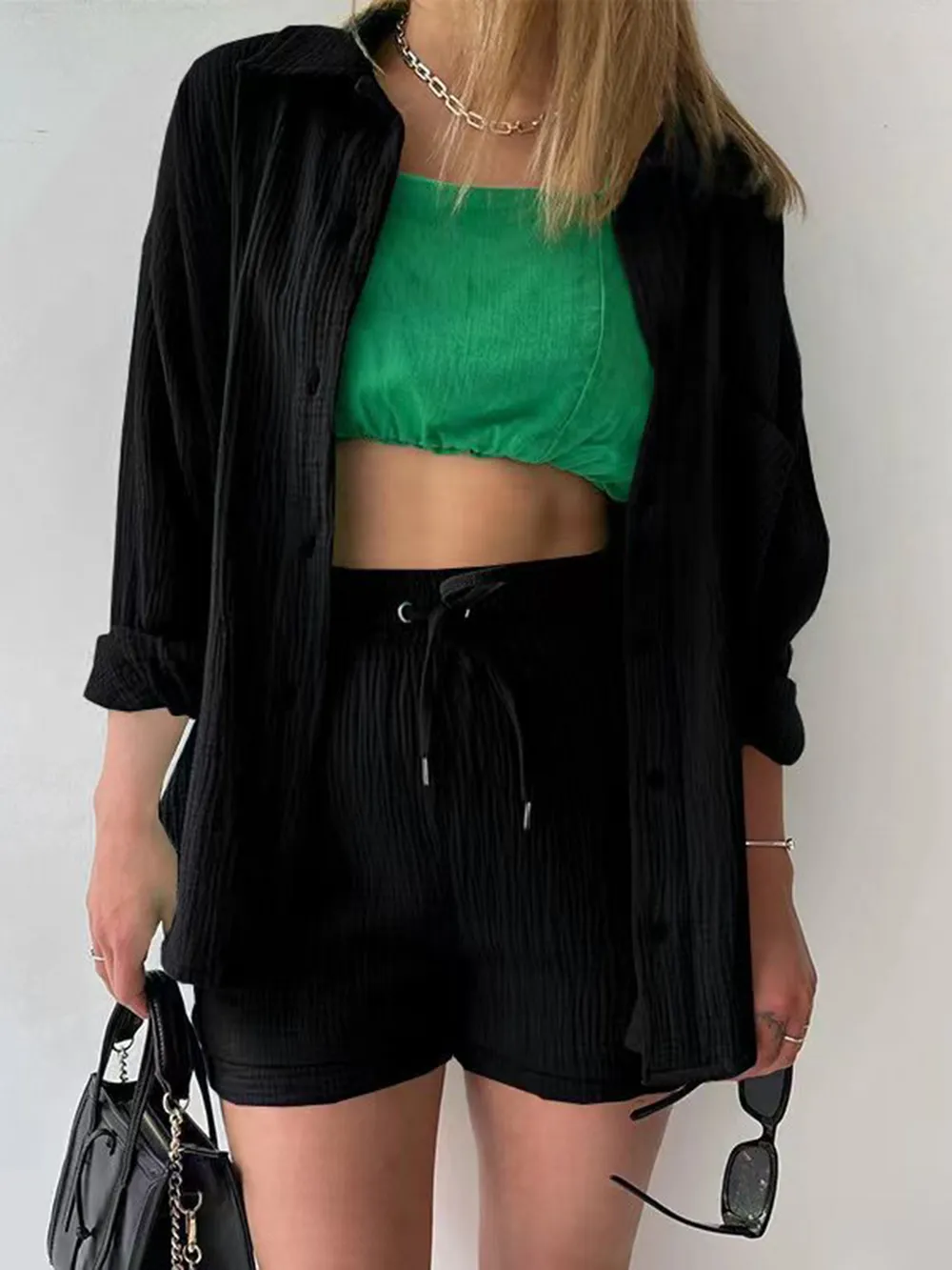 Texture Button Up Shirt and Drawstring Shorts Set, image 9