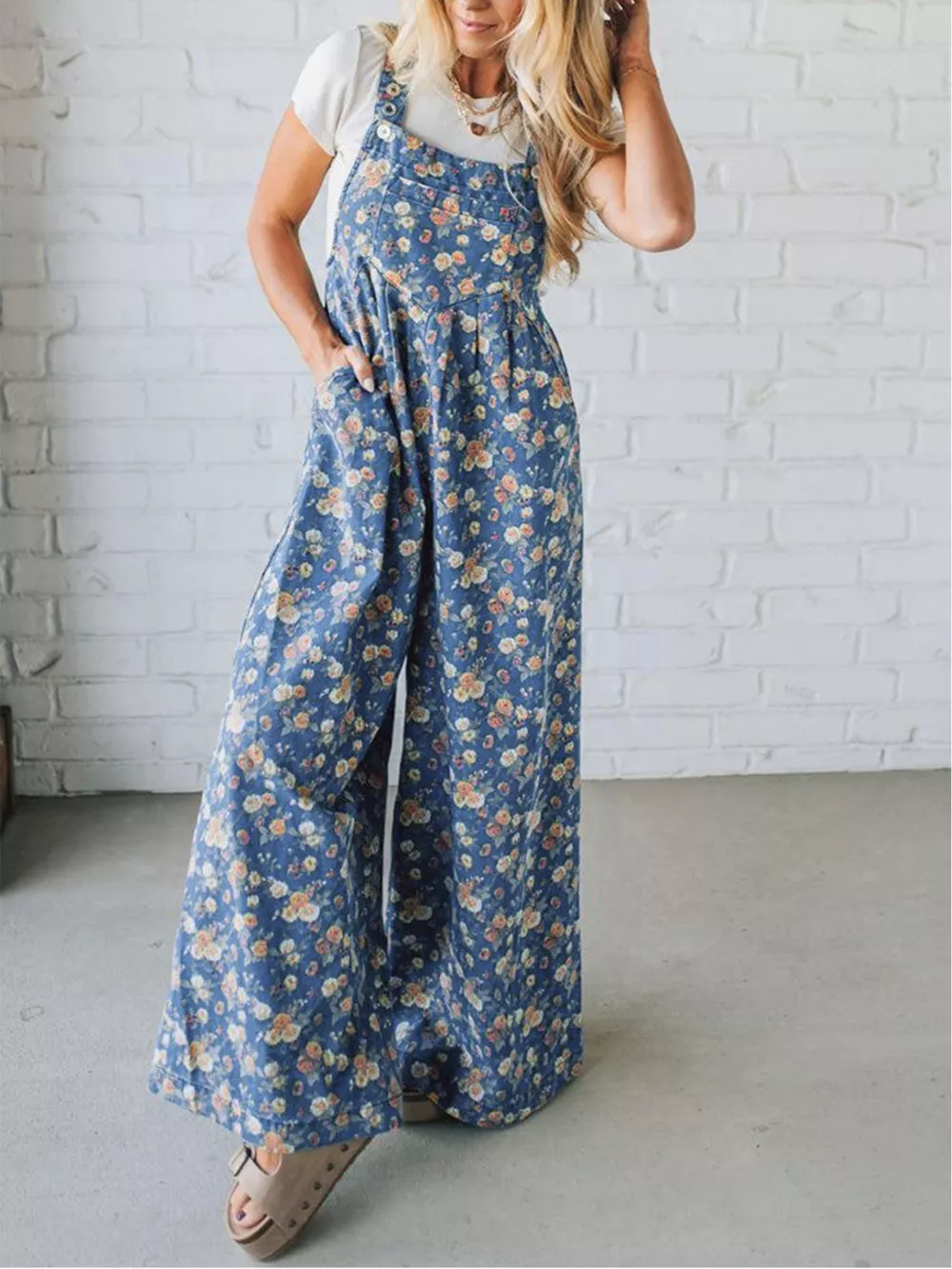 Floral Print Wide Leg Denim Overalls, image 3