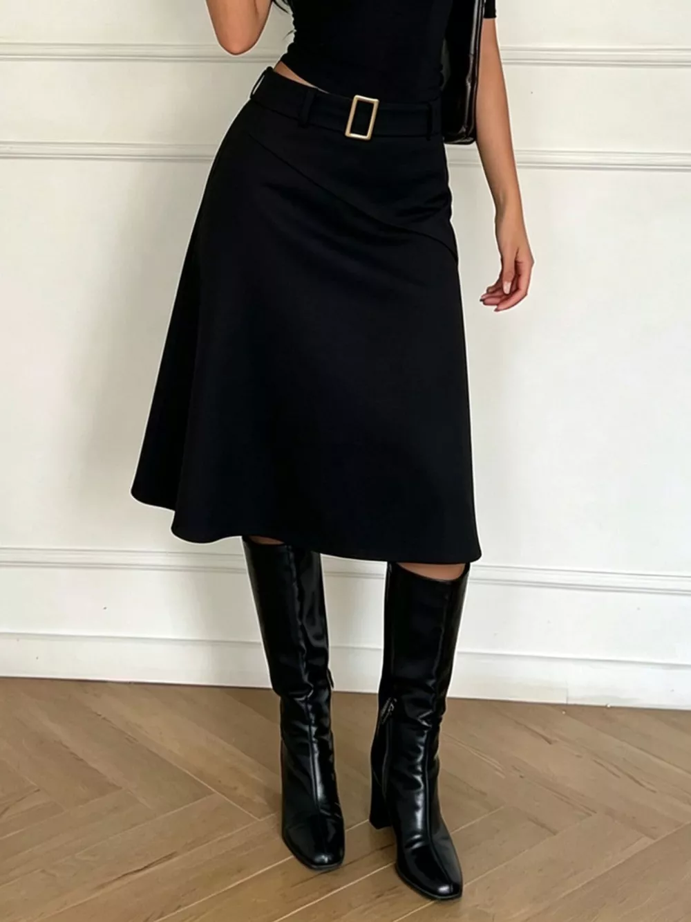 High-Waisted A-Line Midi Skirt with Belted Detail, image 6